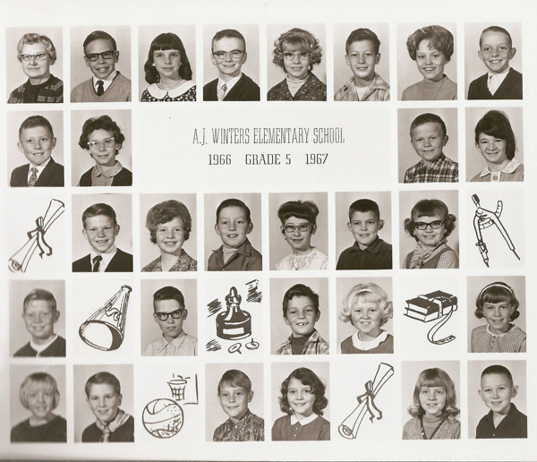 A grid of individual portrait images showing children and one adult, all facing the camera. The text in the center reads "A.J. Winters Elementary School, 1966 Grade 5 1967." Surrounding the portraits are illustrations of a diploma, a megaphone, a trophy, a compass, a basketball hoop, and books.