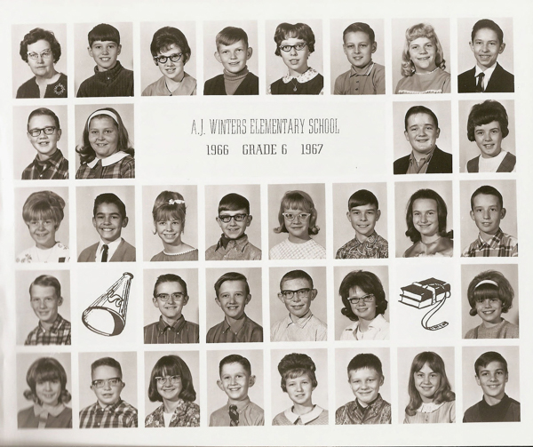 A collage of individual portraits featuring boys and girls, along with an adult. In the center, there is text reading "A.J. Winters Elementary School, 1966 Grade 6 1967." The students are arranged in rows, each wearing different clothing styles typical of the time period. There are two illustrations: a megaphone and a stack of books with a pen.