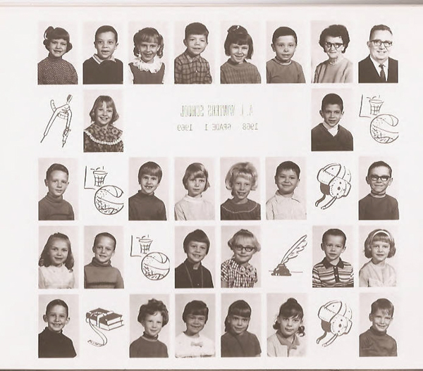 Class composite photographs from A. J. Winters Elementary School, Montpelier, Idaho  Row 1:  Mr. Lewis Teuscher, Mrs. Lucille Evans, Brian Lyon, Teri Hunzeker, Dan Dimick, Sandra Hulme, Claude ?  Teresa Hymas   Row 2:  Greg Gladwin, Penny ?  Row 3:  unknown, George Wilde, Karen Driscoll, unknown, Sharon Page, Jay Layland   Row 4:  Margo Jensen, Jess Sanders, Pamela Crane, Laurie Larsen, unknown, DaNae Kunz   Row 5:  Troy Hymas, Tina Hemmert, Sally Grunig, Teresa Stoor, Lori Ream, Drew Larsen