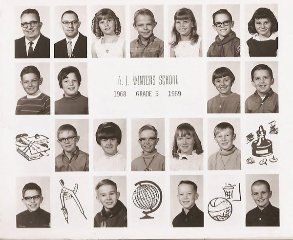 Class composite photographs from A. J. Winters Elementary School, Montpelier, Idaho  Row 1:  Mr. Lewis Teuscher, Mr. Verlaine Larsen, Lori King, Orie Shreve, Tammy King, D. Nowland, Margaret Ann Beyler  Row 2:  David Finch, Charlene Price, Bonnie Peterson, Kent Collingston  Row 3:  Matt Lewis, Marjorie Lloyd, Terry Parker, Brenda Cole, Steven Dimick  Row 4:  unknown, Bruce Brown, Paul Larsen, unknown