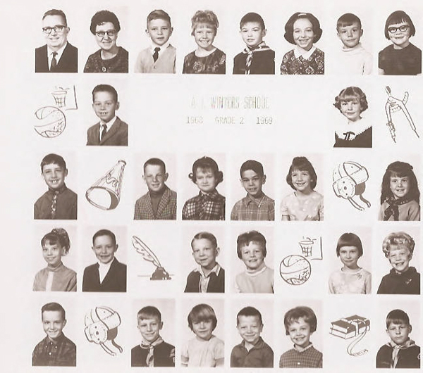 Class composite photographs from A. J. Winters Elementary School, Montpelier, Idaho  Row 1:  Mr. Lewis Teuscher, Mrs. Berniece Pendrey, Kurt Swa, Julie Nielsen, unknown, Becky Lyon, Scott Wright, Rosa Linda Stephens   Row 2:  Tom Price, Marian Rowland   Row 3:  Brett Hymas, Doug Price, Ann Marie Keetch, Roger Hirschi, Leslie Wigington, Lorna Lloyd   Row 3:  Kathy Eastman, Rand Pugmire, David ?  Karen Skroh, Tracy Lyon, Lori Jacobson  Row 5:  unknown, Eric Perkins, unknown, Bruce Daines, Janene Bird, Scott Poag
