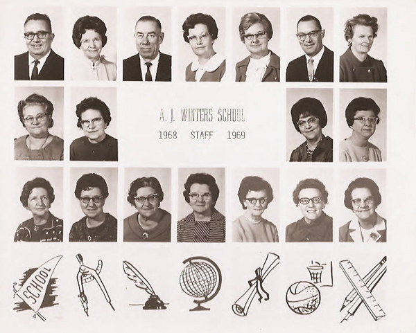1068 Staff photographs from A. J. Winters Elementary School, Montpelier, Idaho    First Row:  Mr. Lewis Teuscher,  Fern Pope, Truman Rigby, Barbara Grandy, Minnie Mahlock, Verlaine Larsen, Jean Keetch   Row 3:  Mabel Rex, Mary Barkdull, Rosina Jewett, Gwen Sharpe   Row 3:  Margaret Esterholdt, Berniece Pendrey, Esma Parker, Mae Aland, Lucille Evans, Rose Dunn, Claricee Anderson.
