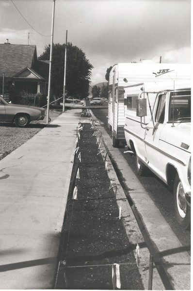 A street scene with a camper van labeled "JET" parked alongside the curb, next to a garden strip lined with small flags. A car is parked on the opposite side near a house with a pitched roof. Another car is visible further down the street. Utility poles and a sidewalk run parallel to the garden strip. Trees are seen in the background.