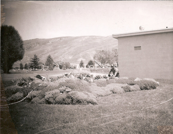 A person kneeling behind bushes near a small building on the right. The background features rolling hills and several trees.