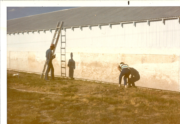 A person standing next to a ladder leaning against a large building with a corrugated metal roof. Nearby, another person is bent over, working close to the building wall. Shadows of both individuals are cast on the wall. The ground is grassy and uneven.