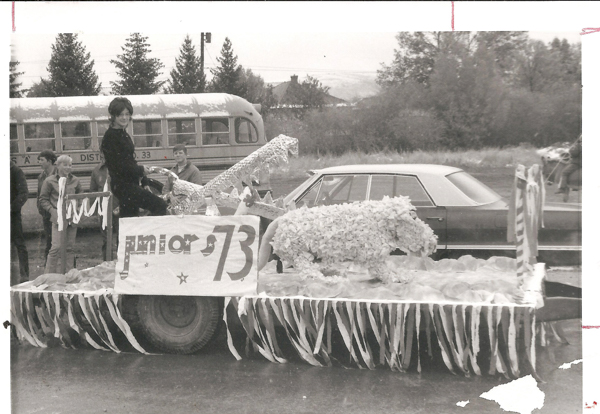 A person sitting on a parade float that features a decorative lion and banner reading "junior 73". A group of people stands nearby in front of a school bus labeled "DISTRICT 33". A car is parked beside the float, and trees are visible in the background.