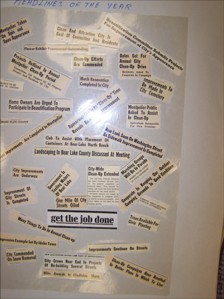 A collection of newspaper clippings arranged in a collage, displaying various headlines. The headlines cover topics about city beautification, clean-up efforts, renovation projects, and improvements. Phrases include "Clean And Attractive City Is Goal Of Committee And Residents," "Clean-Up Efforts Are Commended," "Dates Set For Annual City Clean-Up Drive," "Projects Outlined In Annual Montpelier Clean-Up Period," and "get the job done." The text "HEADLINES OF THE YEAR" is written at the top.