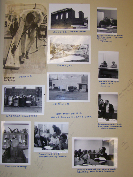 A collage of various scenes related to municipal activities. A person uses a paint sprayer on a structure with the label "Lining Up For Spring - Paint Up." An image of a partially demolished building with the label "Outside - Tear Down." A scene showing debris labeled "Removal." Several barrels and trash piles labeled "Garbage Collected." A group of people sitting at a table with text reading "Congressional Planner Congressman Hansen & Lloyd Sewage." Another group at a table labeled "Mayor & Health Officials Landfill." A photograph of construction labeled "Rebuild." A scene showing a group of people labeled "Counting the Projects - City Council." Another group labeled "Commissioners and Regional Planners Water Resources." Finally, a meeting labeled "Public Hearing on Trash and Sewage and Beach Control." Handwritten notes are scattered among the images.