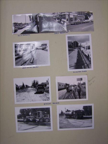 A collection of seven images depicting various street scenes and conditions. The top two images show comparisons of old and new parking areas, labeled "OLD PARKING" and "NEW PARKING." Below, there is an image of a street under construction, labeled "NEW CURBS - CENTER." Next to it, another image shows a street with slanted curbs, labeled "SLANTED CURB." The bottom row displays three images: a street in need of repair, labeled "STREET REPAIR," and two images of machinery involved in street work. Handwritten notes mention "BENNETT BLD WS."