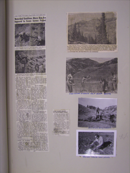 A page displaying several newspaper clippings and black-and-white photographs. The largest clipping is a news article titled "Watershed Conditions Above Dam Are Improved In Forest Service Project," with images of individuals working outdoors. On the right are three smaller sections: one includes text about a crew planting brush, another is a photograph captioned "High School Students Help Plant Browse" showing people working in a hilly landscape, and the last two photographs depict a person sitting on a slope with the caption "Stops for Lunch; Brush Planting" and another individual crouching, examining the ground with the caption "Range Check; Area Plants." There is handwritten text that appears to say "Ned Smith" next to the last photo.