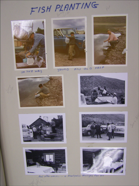 Fish planting activities. At the top, the words "FISH PLANTING" are written. Below are several images. The first shows a man and a child next to a truck with fish containers, labeled "ON THE WAY." The second features a child by a blue truck, labeled "YOUNG AND OLD HELP." The third image has a man crouching by water, labeled "Pat." Below, there is an image of a person by the shoreline. Further down, there are two more images showing people gathered around trucks and cars, seemingly in a rural area. At the bottom, two images show a kitchen setting, with people preparing items on a table. At the bottom right, it reads "And afterwards---a Montpelier Mulligan for all."