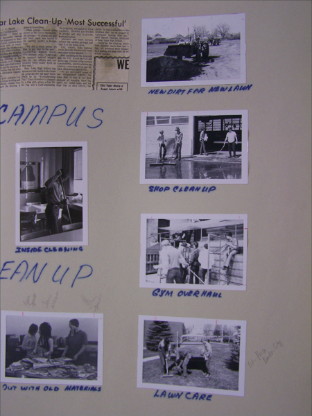 A collage of images and a newspaper clipping. The headline reads "Near Lake Clean-Up 'Most Successful'." Below are five photos labeled: "New Dirt for New Lawn" showing a tractor moving dirt; "Shop Clean Up" with people washing pavement; "Inside Cleaning" with a person cleaning a room; "Gym Overhaul" showing people working on scaffolding; "Out With Old Materials" with people sorting books; "Lawn Care" featuring people working on a lawn. Text "CAMPUS CLEAN UP" is written across the collage.