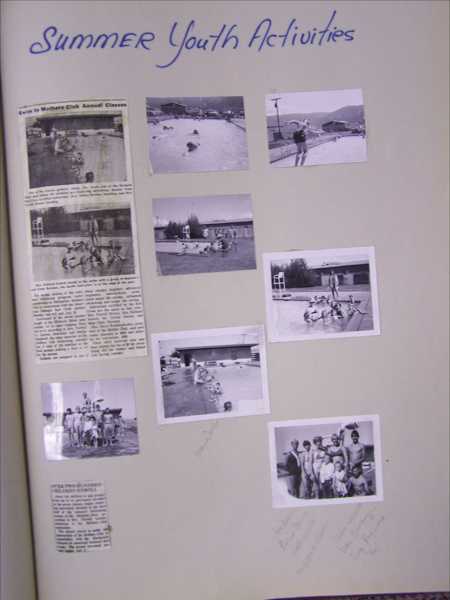 "Summer Youth Activities" is written at the top. The page contains several photographs of children engaging in outdoor swimming activities. There is a newspaper clipping titled "Swim In Mothers Club Annual Classes" on the left, showing groups of children near a swimming pool and mentioning various activities. Another smaller clipping at the bottom mentions "OVER TWO HUNDRED CHILDREN ENROLL." The images depict various scenes of children in swim gear around a swimming pool, and some photographs are labeled with handwritten notes beside them.