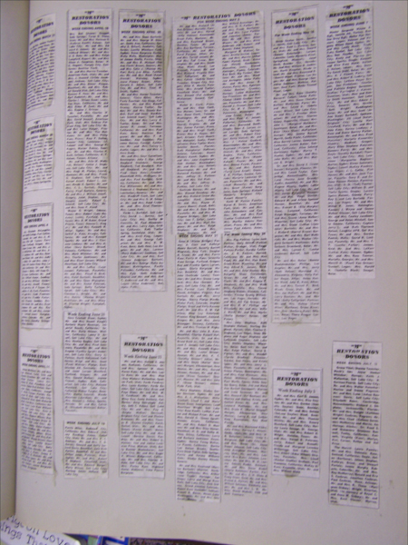 The image contains several columns of text under the repeated heading "Restoration Donors." Each column lists various names, with headings that include phrases like "Week Ending" followed by different dates. The content includes details about donations or contributions, possibly related to a restoration project.