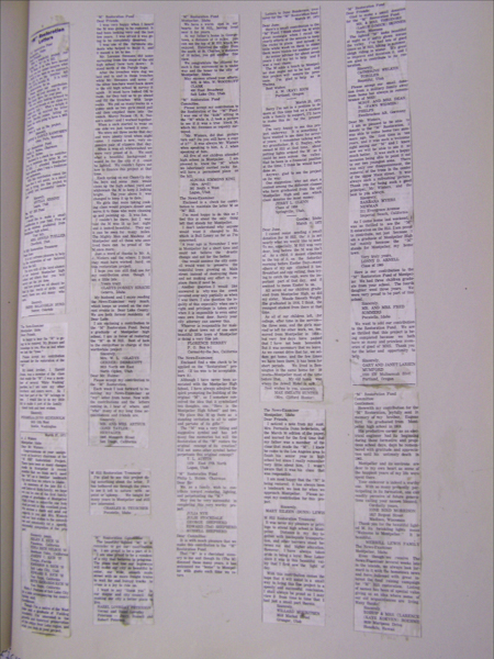 A sheet of paper with several columns of typed text, possibly clippings from articles or letters. The text appears to discuss topics related to restoration efforts and personal notes. Names and locations, such as "Palo Alto" and "Huntington Park," are mentioned alongside various narrative excerpts.