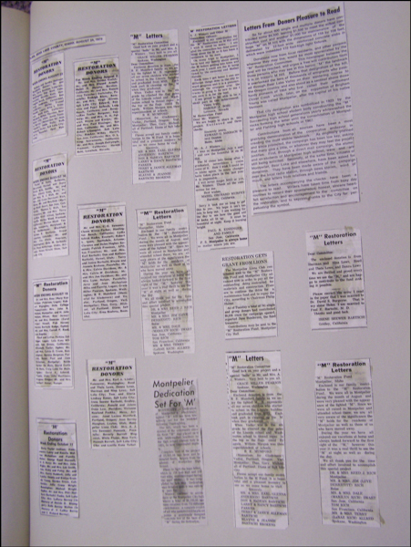 A collection of newspaper clippings arranged on a page. The clippings include various articles and letters regarding "M" restoration, donors, and letters from donors. There is a central article titled "Montpelier Dedication Set For 'M'" and another titled "Letters From Donors Pleasures to Read." Other clippings list names of donors and excerpts of letters, with headings like "'M' Restoration Donors" and "'M' Letters." The page appears to showcase community involvement and contributions towards a restoration project.