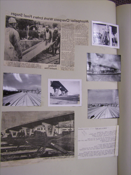 A collection of newspaper clippings and photographs is arranged on a page. In the upper left corner, an article titled "Montpelier Overpass Work Enters Final Stages" features an image of several workers handling concrete on a construction site. Other photographs on the page depict bridges, construction scenes, and railways. A text fragment mentions "new 290-foot overpass cost $1.3 million". Handwritten notes are visible near some images.