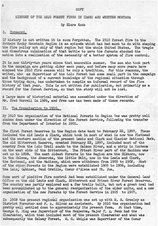 A history of the 1910 forest fire written in 1942 by Elers Koch, National Forest Supervisor of the Lolo Forest.