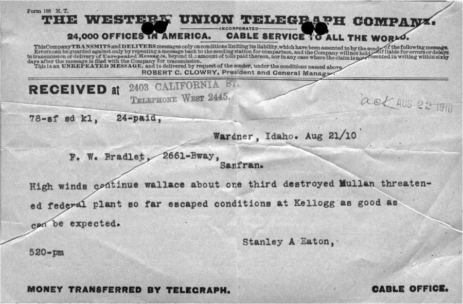 Managers correspondence about Wallace area fire, Easton to Bradley. Telegram, August 21, 1910