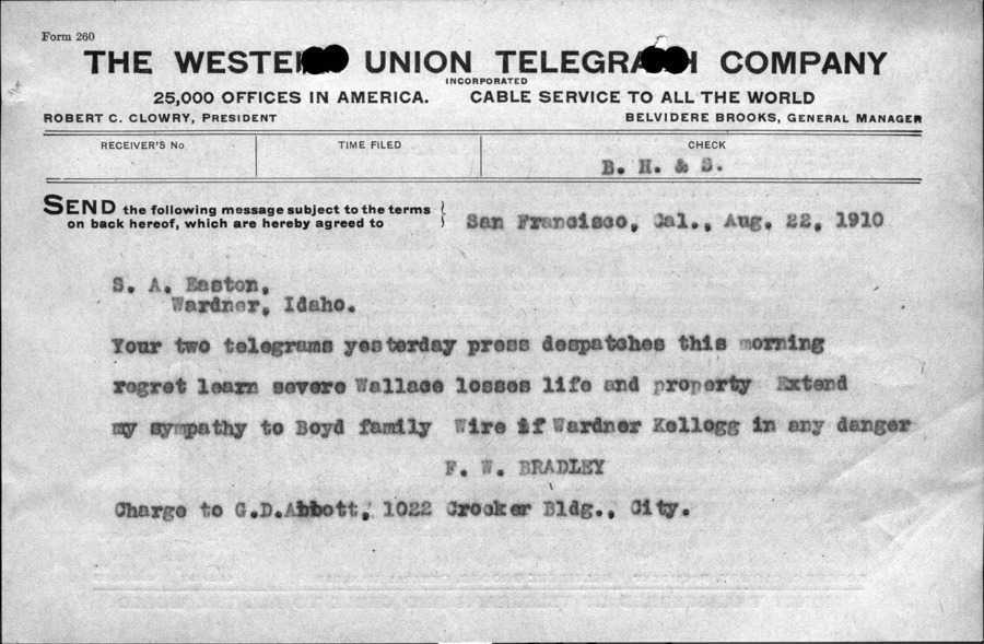 Managers correspondence about Wallace area fire, Bradley to Easton. Telegram, August 22, 1910