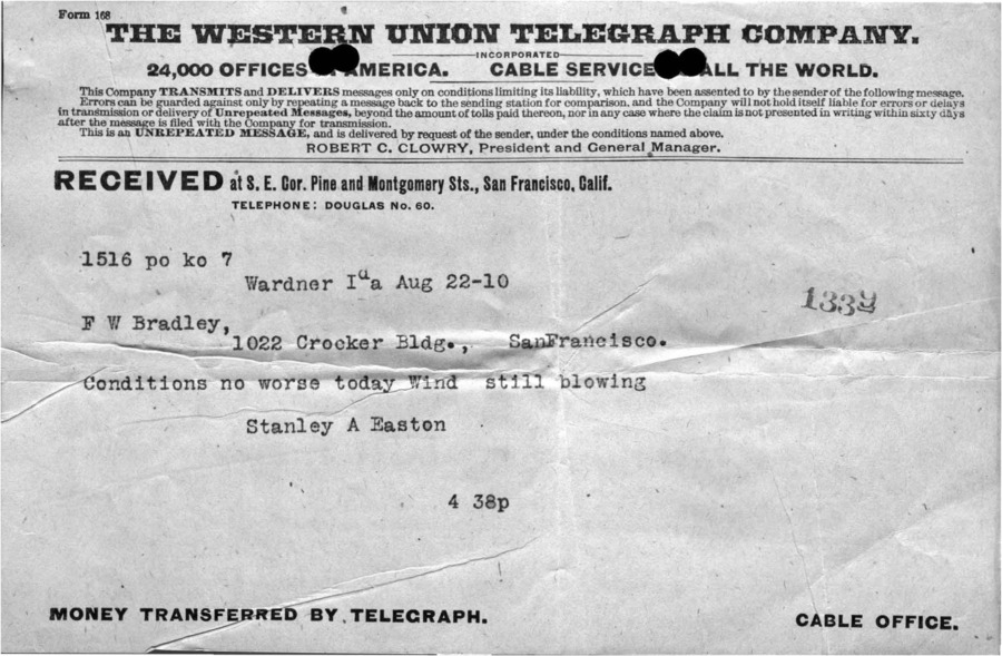 Managers correspondence about Wallace area fire, Easton to Bradley. Telegram, August 21, 1910