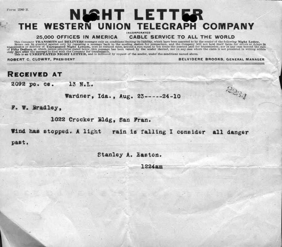 Managers correspondence about Wallace area fire, Easton to Bradley. Telegram, August 23-24, 1910