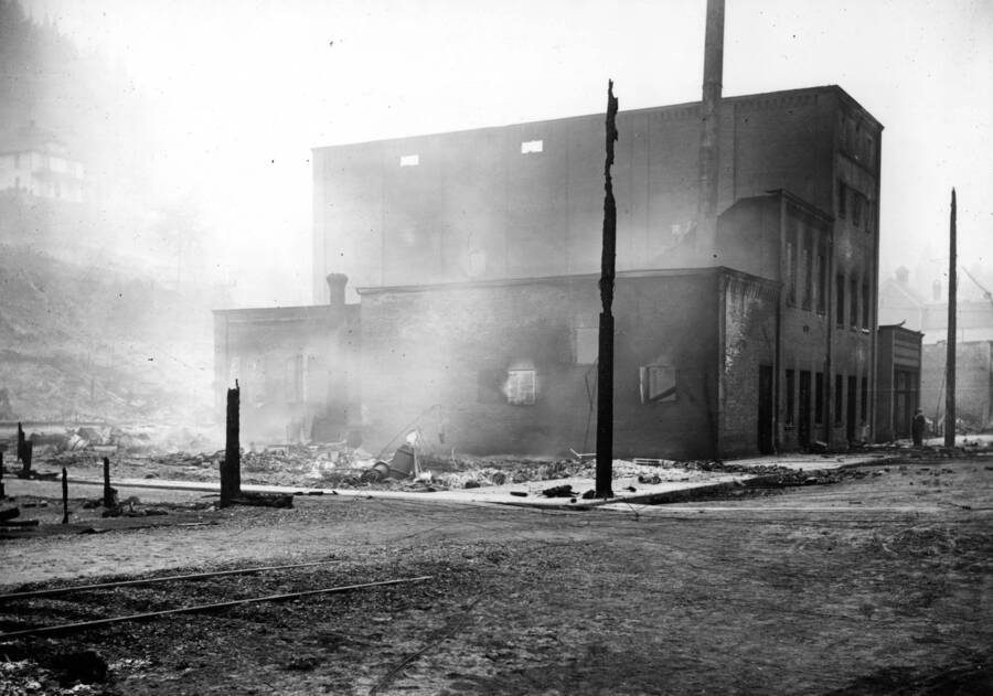 Image is of debris from damaged Wallace Brewery building. Forest fire 1910.