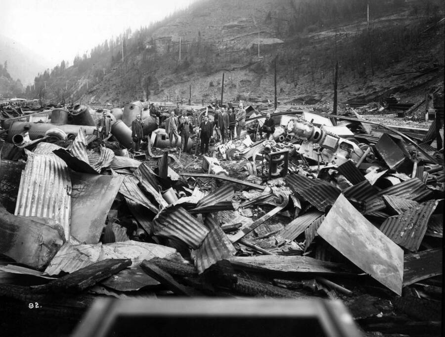 Image shows the debris from the Coeur d'Alene Hardware Warehouse on September 3, 1910 after  the fire on August 20, 1910 swept through Wallace, Idaho.
