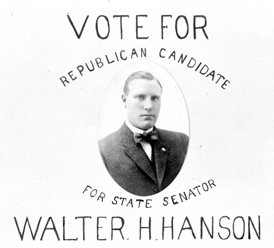 Advertisement for Walter H. Hanson as a Republican candidate for State Senator.  Made into slide for theatre showings.