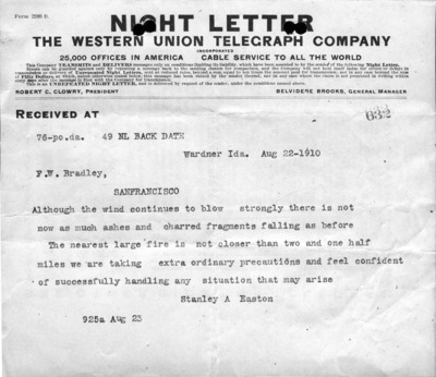 Managers correspondence about Wallace area fire, Easton to Bradley. Telegram, August 21, 1910