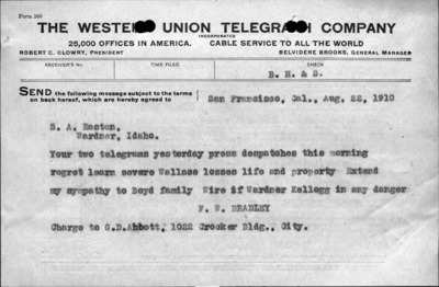 Managers correspondence about Wallace area fire, Bradley to Easton. Telegram, August 22, 1910