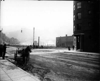 Image of Wallace, Idaho after the fire of August 20, 1910, shows the corner of Samuel's Hotel on August 22, 1910.