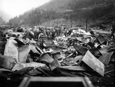 Image shows the debris from the Coeur d'Alene Hardware Warehouse on September 3, 1910 after  the fire on August 20, 1910 swept through Wallace, Idaho.