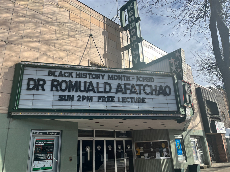 Marquee at the Kenworthy Theatre announcing a free lecture by Dr. Romuald K. Afatchao during Black History month.