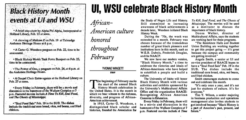 Upcoming events celebrating Black History Month at the University of Idaho and Washington State University and background information about Black history month and the founding of the NAACP.