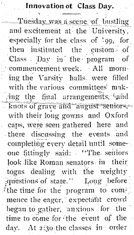 Argonaut article about Class Day with mention of the oration given by Jennie Eva Hughes.