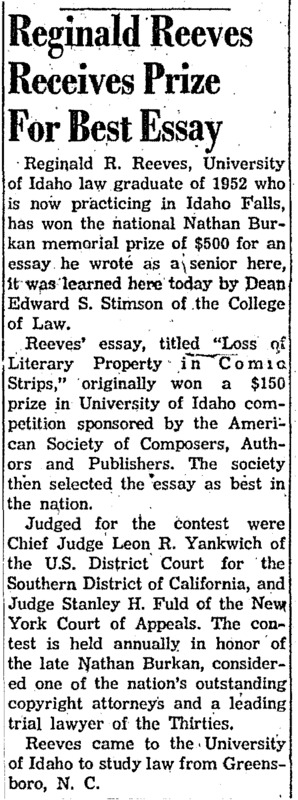 Argonaut article regarding Reginald Reeves' prize-winning essay, titled "Loss of Literary Property in Comic Strips."