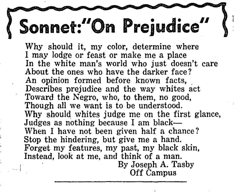 Sonnet poem titled, "On Prejudice" by Joseph A. Tasby featured in the Argonaut.