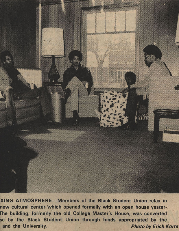 Image and caption from the Argonaut. Several members of the Black Student Union are depicted sitting in the new cultural center.