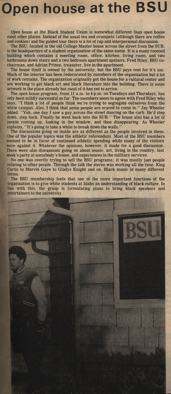 Article titled, "Open house at the BSU." Accompanying photograph depicts a member of the BSU standing outside the BSU building.