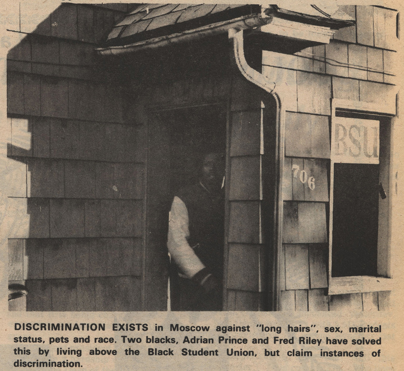 Image and caption from the Argonaut. The photograph depicts a BSU member standing in the doorway of the BSU building.