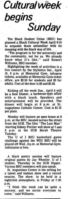 Argonaut article about Black Cultural Week planned by the Black Student Union. Events include a live concert, a BSU open house, and black poetry session featuring Jay Wheeler.