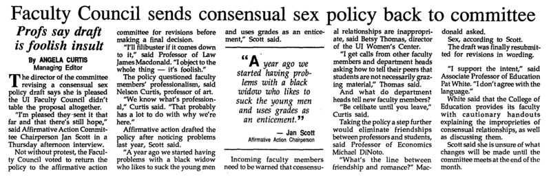 Argonaut article about a consensual sex policy draft presented to the Faculty Council.