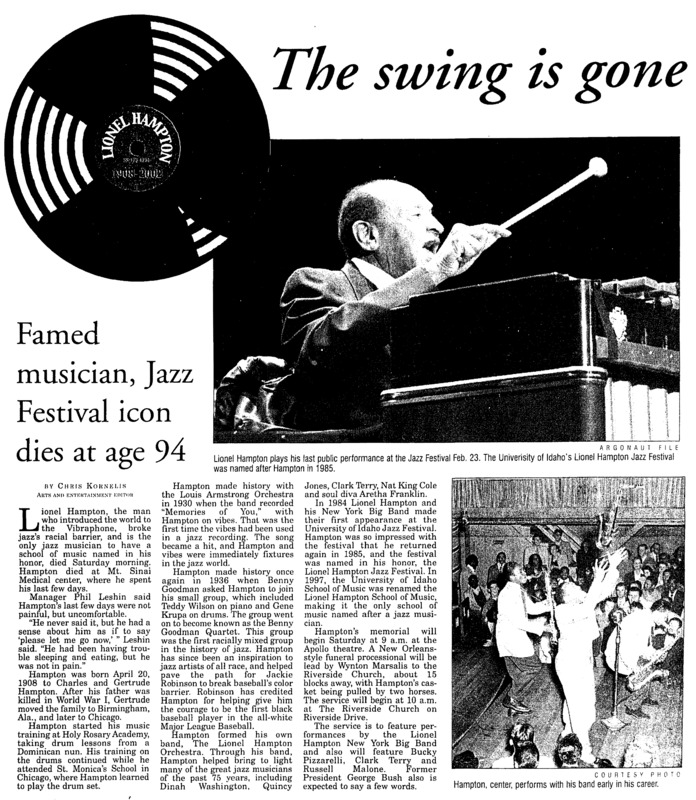 Argonaut article reporting on Lionel Hampton's death, at age 94.