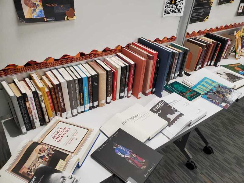 Closeup of the Black History Month display featuring different books on a table in the UI Library.