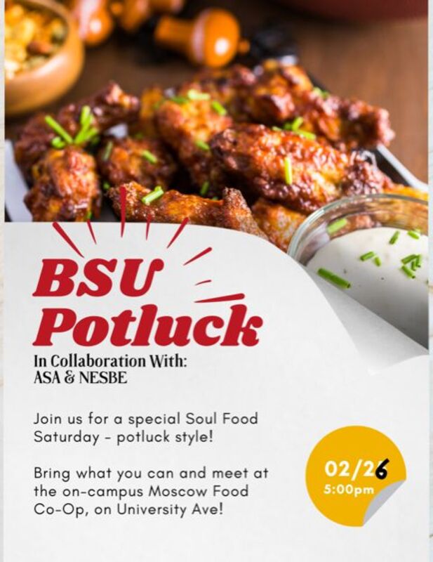 Flier advertising a BSU potluck in collaboration with ASA and NESBE.