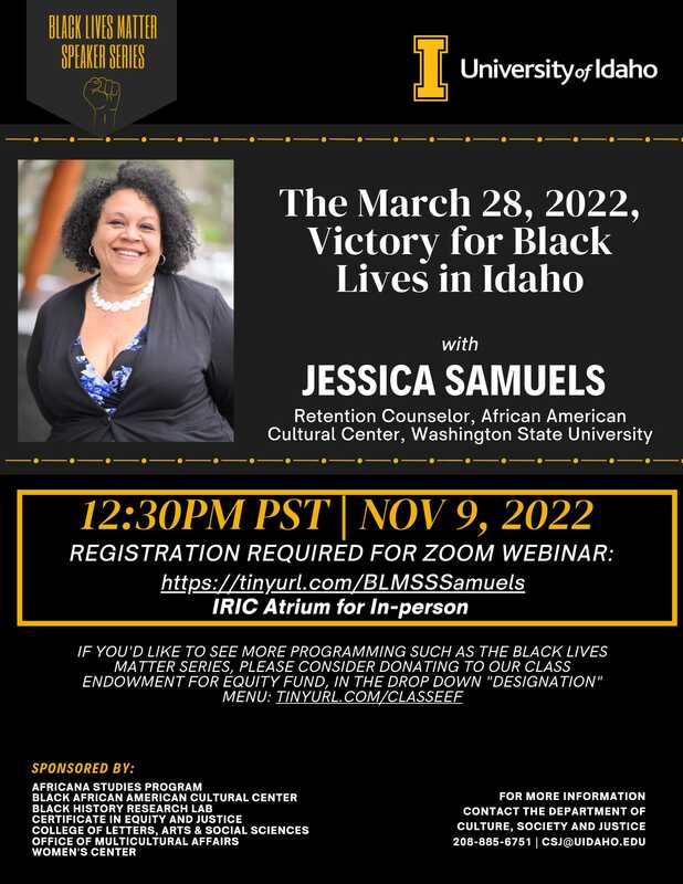 Poster featuring Jessica Samuels as a part of the 2022 Black Lives Matter Speaker Series.
