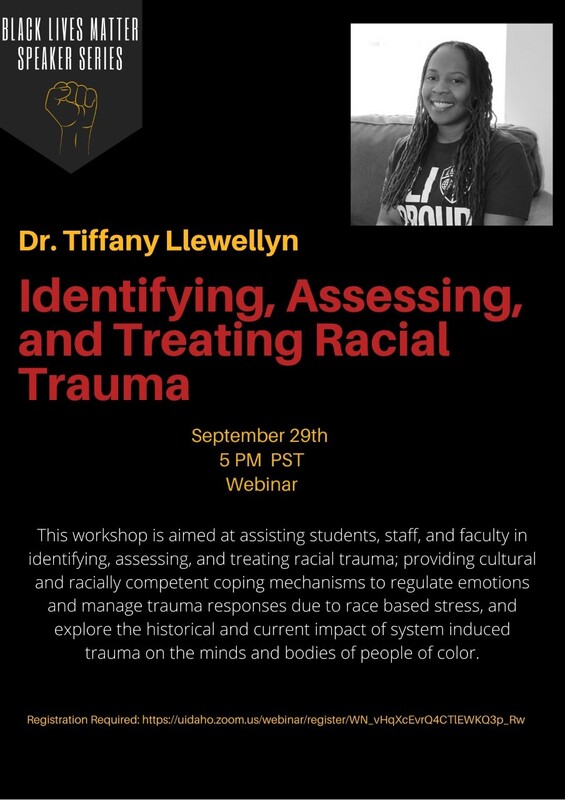 Flier advertising featured speaker, Dr. Tiffany Llwewllyn, as a part of the Black Lives Matter Speaker Series.