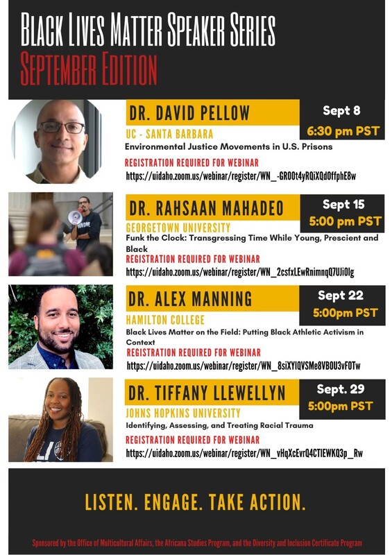 Black Lives Matter Speaker Series September Edition flier featuring Dr. David Pellow, Dr. Rahsaan Mahadeo, Dr. Alex Manning, Dr. Tiffany Llewellyn.