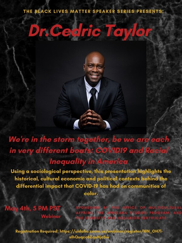 Flier advertising Dr. Cedric Taylor as a guest speaker as part of the Black Lives Matter Speaker Series.